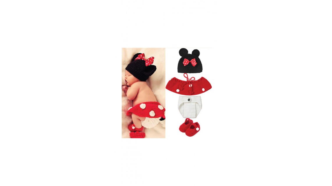 Costum crosetat pentru nou nascuti, rosu, tematica Disney Minnie Mouse "Cute" 1